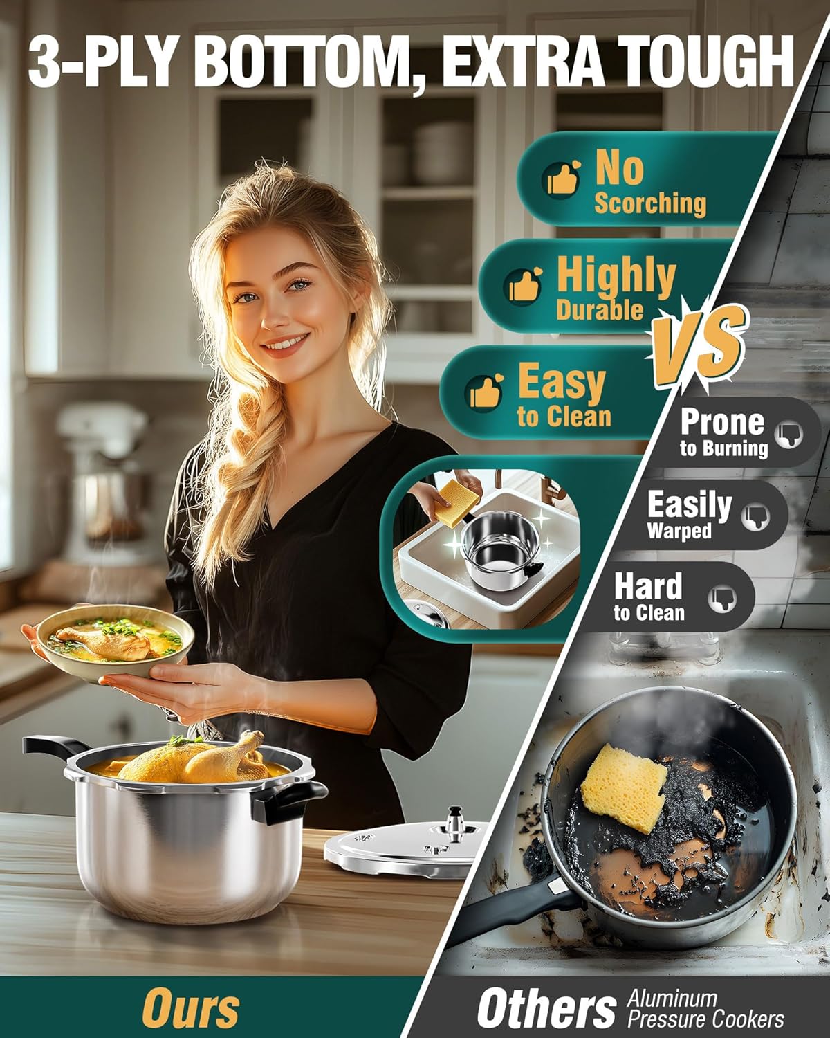 WantJoin Pressure Cooker, 8 Quart Stainless Steel Pressure Canner, Induction Compatible Cookware with Spring Valve Safeguard Devices,Compatible with Gas & Induction Cooker