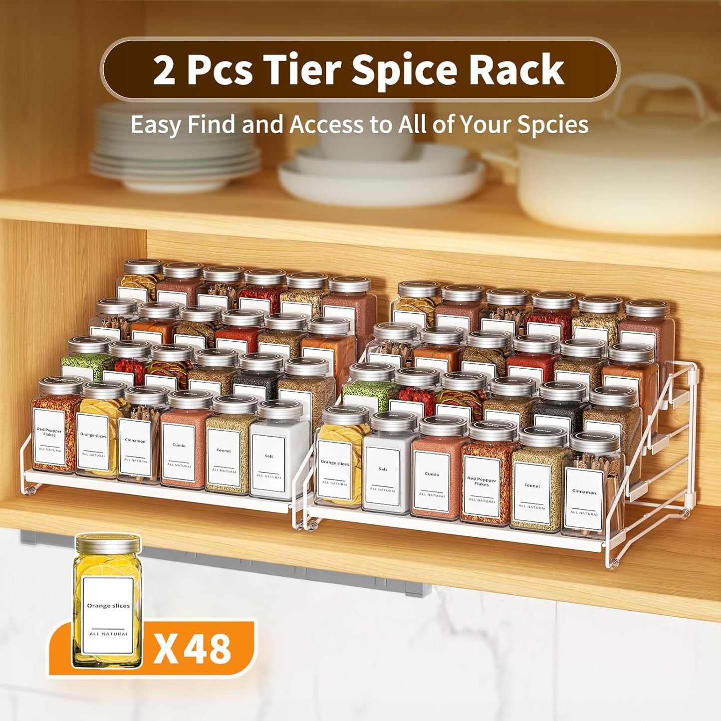 Spice Organization for Cabinet, Spice Rack Organizer, Spice Rack Organizer for Cabinet, Depth Adjustable Seasoning Organzier Organizer for Cabinet, Countertop, Pantry, Metal, White (2 Pack)