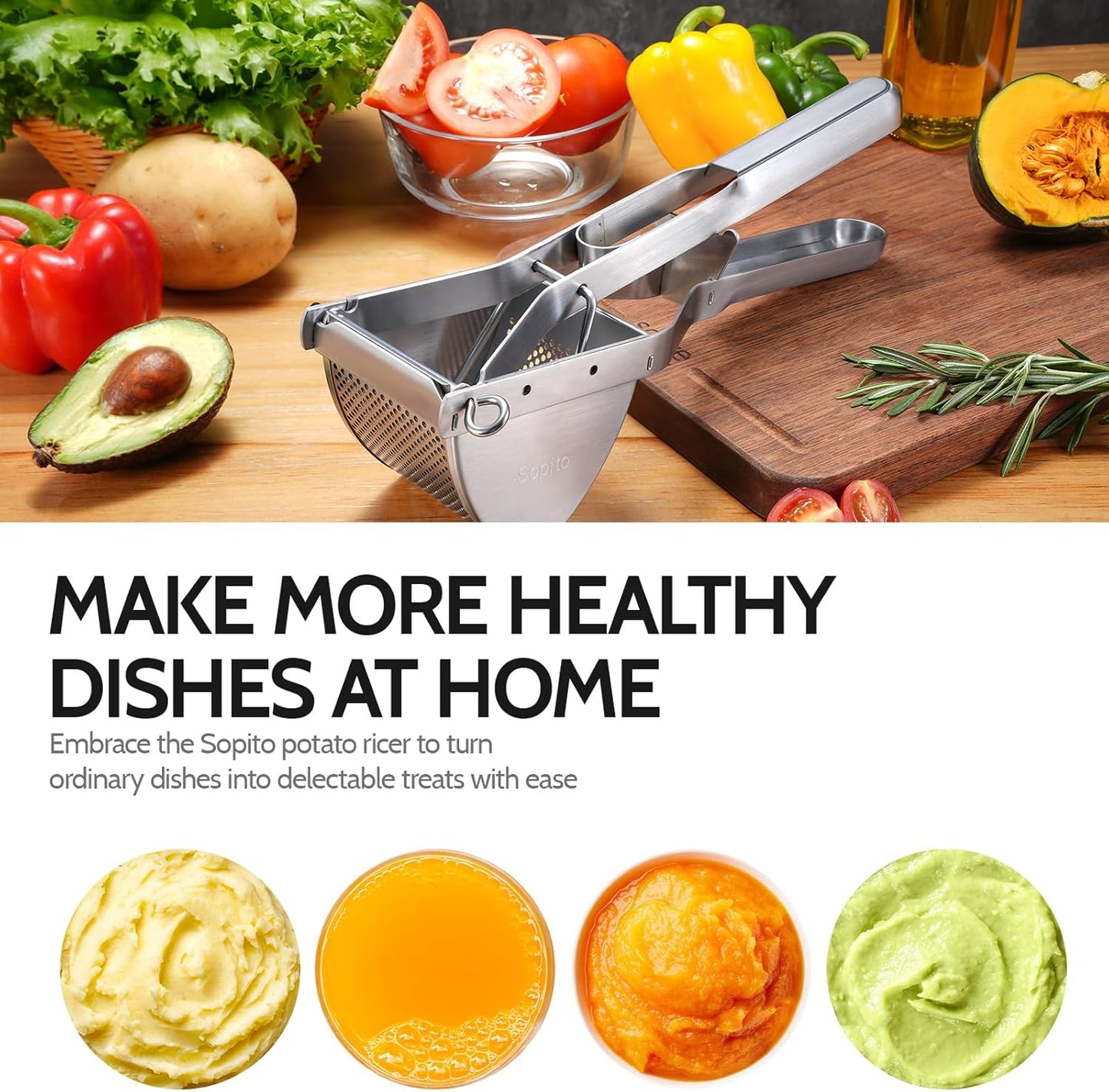 Potato Ricer, Sopito Stainless Steel Potato Masher for Commercial and Home Use