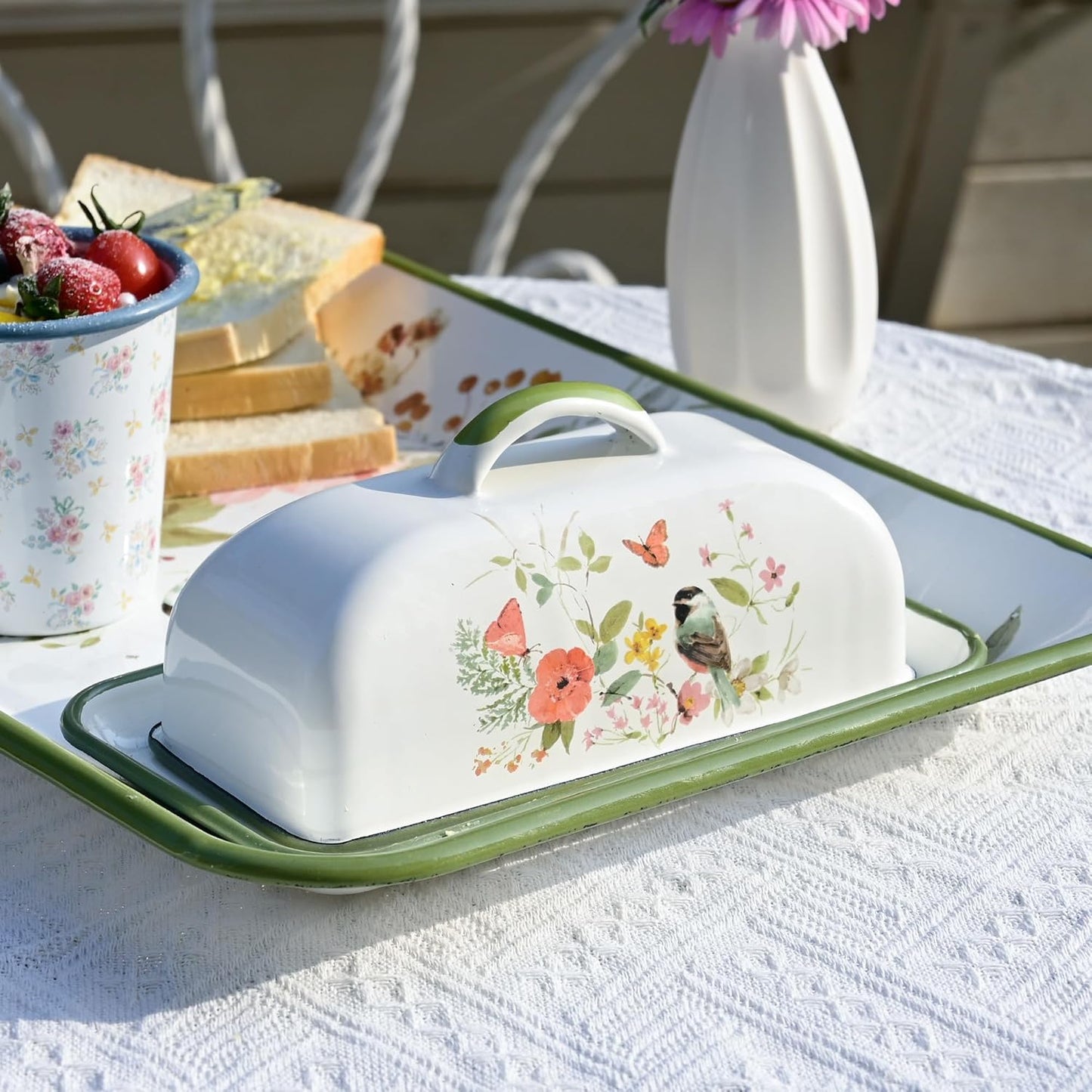 Enamel Butter Dish with Lid Vintage Enamelware Butter Keeper with Flower and Bird Patterns Farmhouse Butter Container Butter holder for Countertop Kitchen Decor