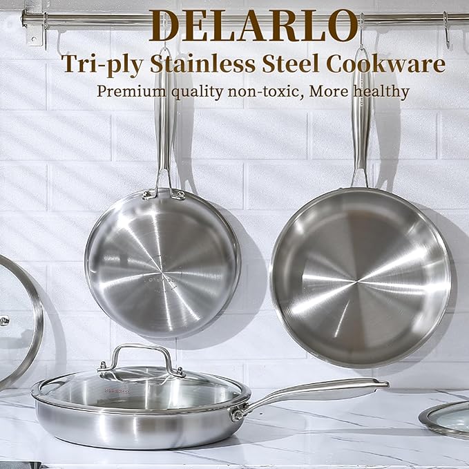 DELARLO Tri-Ply Stainless Steel 10inch and 12inch Frying Pan, Oven safe induction skillet,pots and pans set,Suitable for All Stove (Detachable Handle)