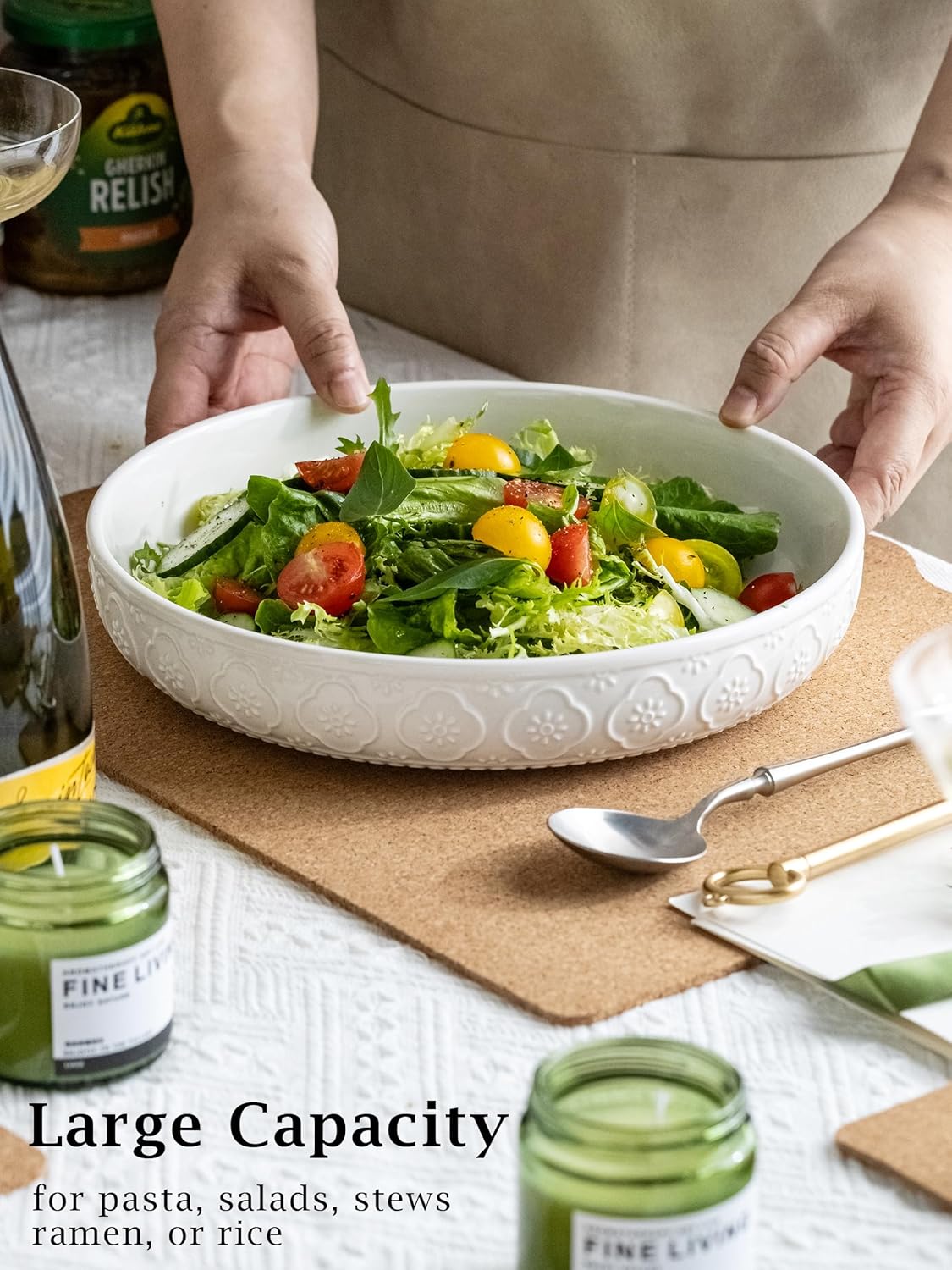 YHOSSEUN 9.75" Pasta Bowls Set of 4, 50 OZ Large Salad Serving Bowls, Ceramic Pasta Plate Bowls, White Soup Bowl, Microwavable Dinner Bowls for Kitchen, Embossed Sunflower