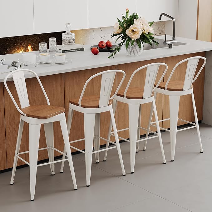 Aklaus Swivel Metal Bar Stools 24 inch Swivel Counter Height Barstools Set of 2 Modern Farmhouse Bar Chairs with High Backs and Large Wooden Seat for Kitchen Island Dining Room Cream White