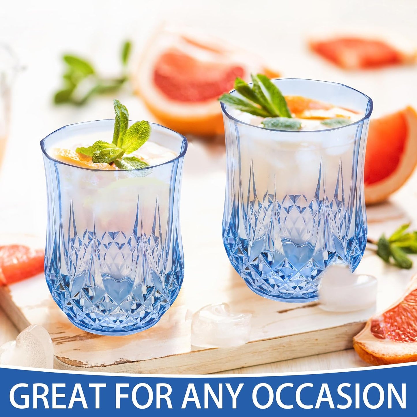 12 PCS Blue Stemless Wine Glasses,Plastic Reusable Cups 9OZ Vintage Drinking Glasses Tumblers for Whisky, Beer, Juice, Beverages, Cocktai