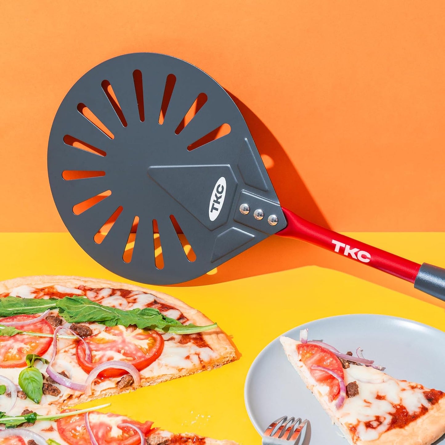 TKC 9" Perforated Pizza Peel, Professional Aluminum Pizza Turning peel, Long Handle Metal Pizza Spatula for Indoor and Outdoor, Lightweight Non-Stick Pizza Turner - Pizza Oven Accessories RED