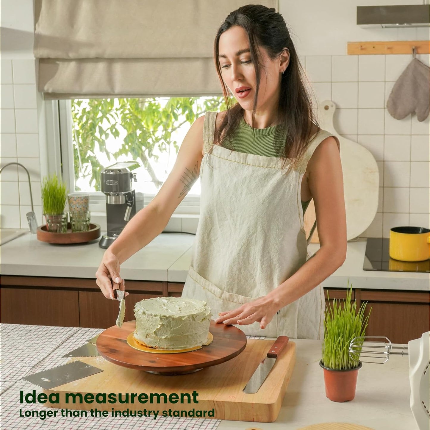 13" Acacia Cake Stand Rotating – Rustic Wood Pedestal Stands Turntable with 2 Icing Spatulas, 3 Smoothers – Wooden Spinning Cake Decorating Serving for Cupcake Dessert Display in Party, Wedding