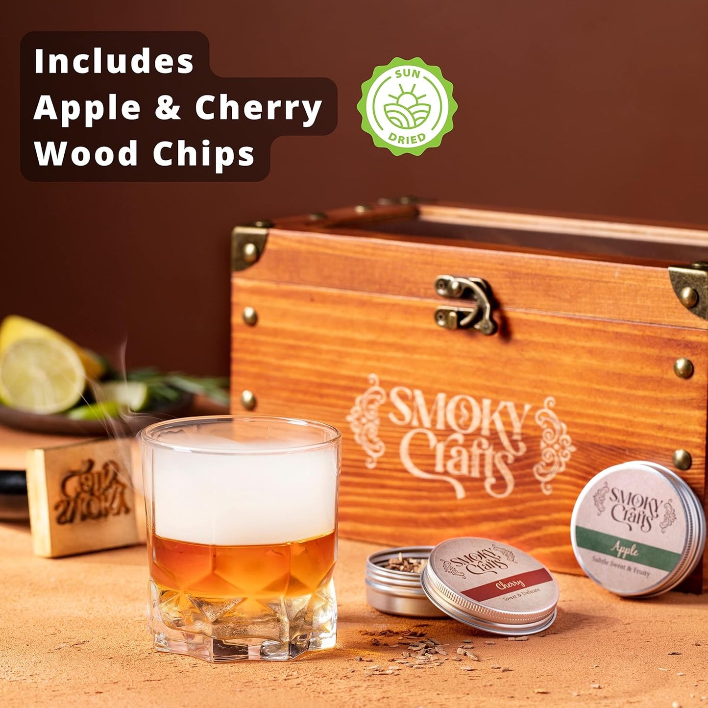 Old Fashioned Smoker Kit - Whiskey Smoker Kit with Smoking Gun, Cocktail Smoke Box, Food Tray and Wood Chips (Apple & Cherry) - Bourbon Gifts for Men (Torch Not Required)
