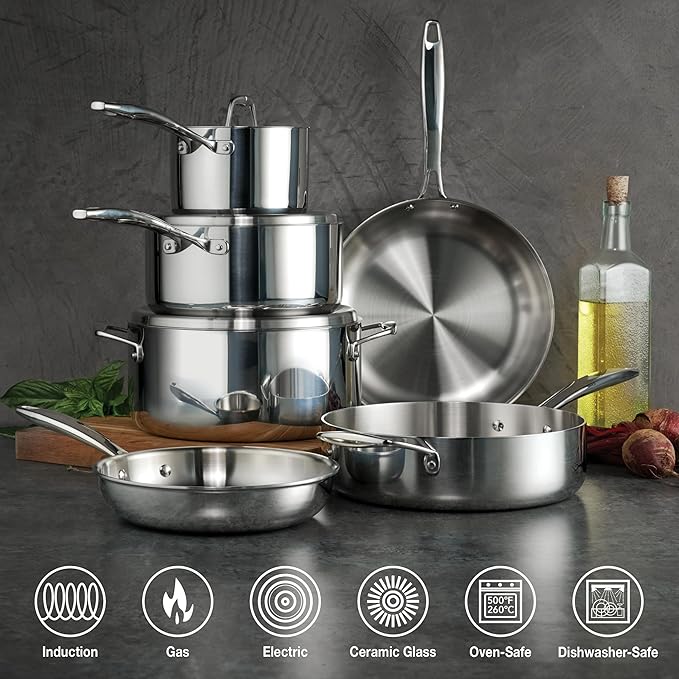 Tramontina Tri-Ply Clad Stainless Steel 9-Piece Cookware Set with Lids, Pots and Pans Kitchen Set, Induction-Ready, Dishwasher-Safe, NSF-Certified