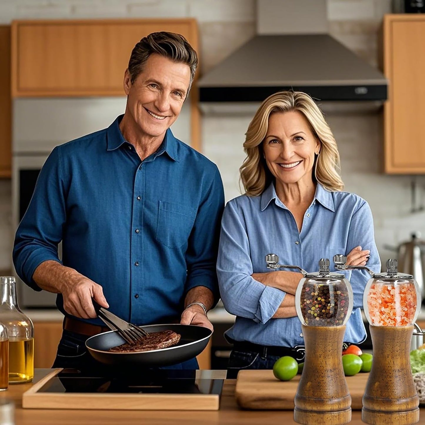 Pepper Grinder Set Classical Hand Shake Wood Manual Pepper Grinder, Setrefillable Wooden & Acrylic grinder,Ceramic Blades metal handle tools, Enjoy Fresh Ground Pepper Salts & spices 2PCS-6IN