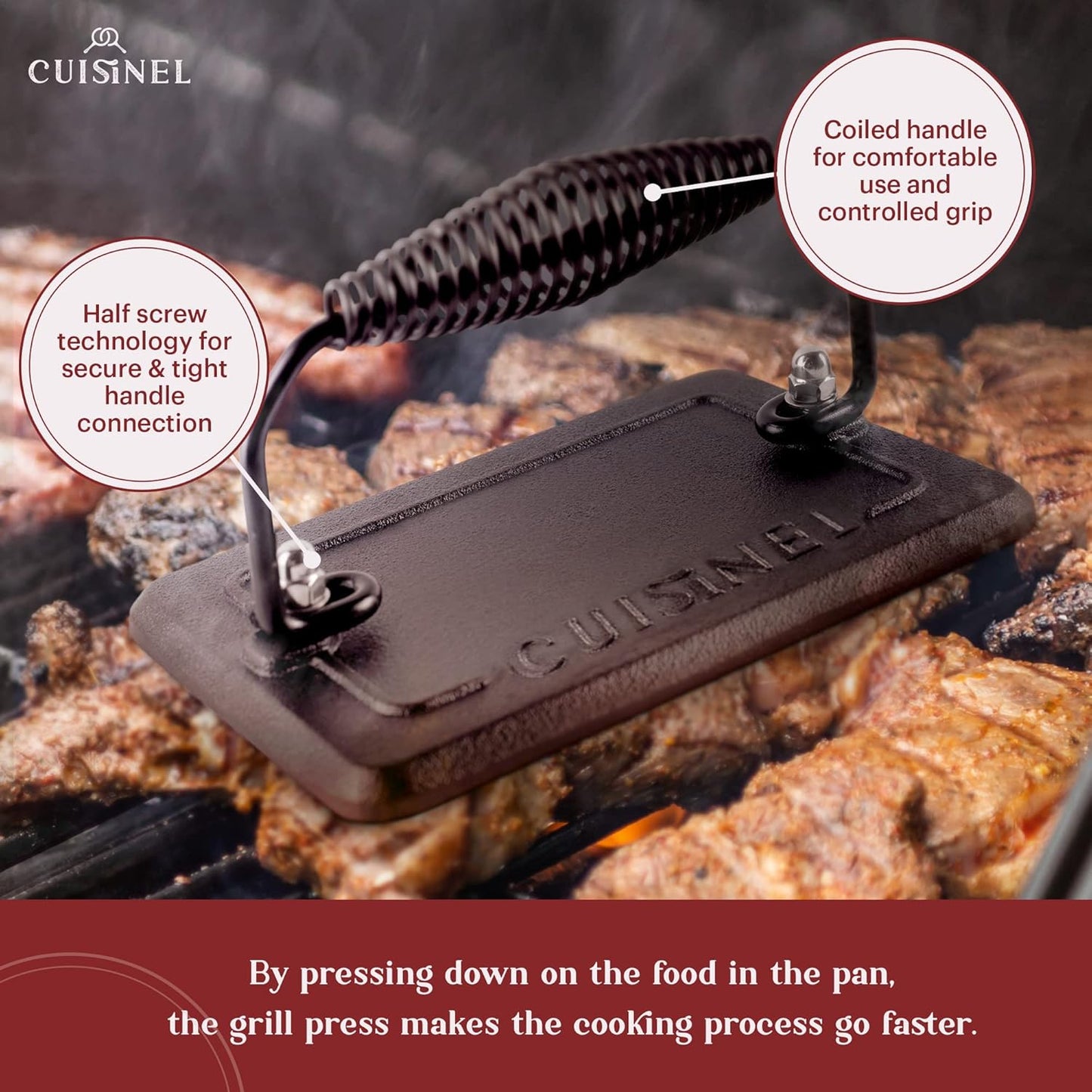 Cuisinel Cast Iron Grill Pan + Rectangular Cast Iron Grill Press + Tempered Glass Lid + Pan Scraper – Pre-Seasoned Ribbed Skillet – 10.5"-Inch Square Grilling Indoor/Outdoor Camping Fire BBQ Cookware