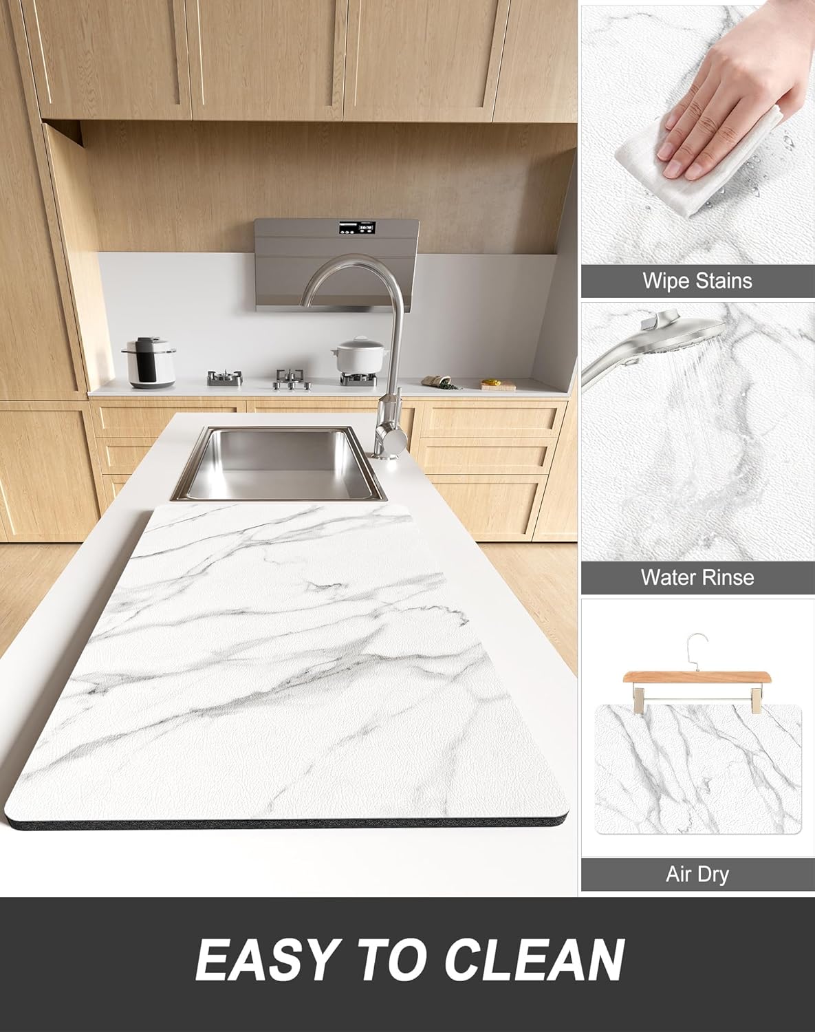 Rnivvi Dish Drying Mat for Kitchen Counter, 12 x 19" Cute Marble Super Absorbent Draining Pad, Non-Slip Heat Resistant Coffee Bar Mats for Coffee Machine Station Accessories, White Dish Rack Pad