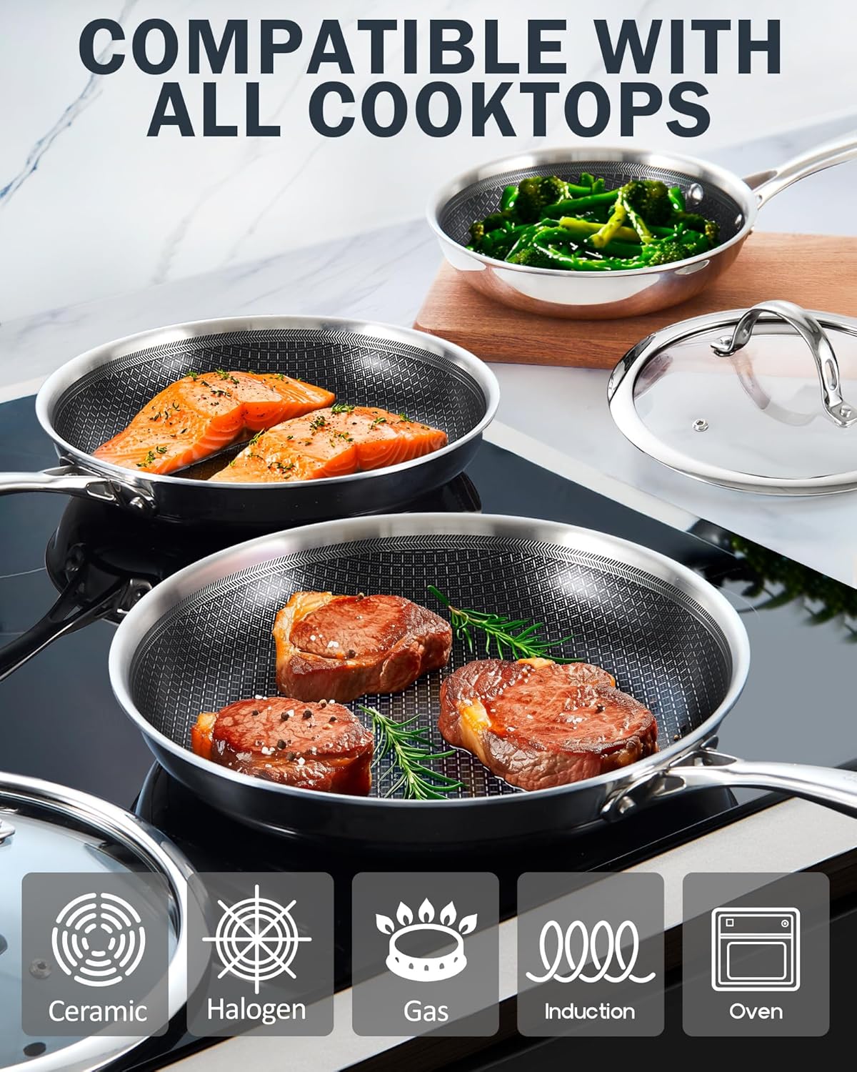 Cooks Standard Hybrid Nonstick Frying Pan Set, 8, 10 and 12-Inch Multi-Ply Clad Stainless Steel 3 Piece Skillet with Tempered Glass Lids, Oven Safe, Compatible with All Stovetops