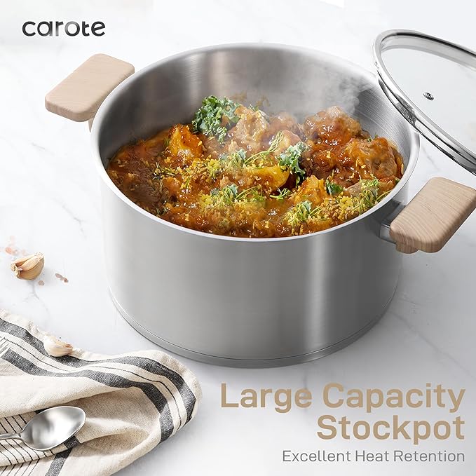 CAROTE 7 Pcs Stainless Steel Cookware Set, 3-ply Base Induction Available Stainless Steel Pots and Pans Set, Tempered Glass Lids, Induction Kitchen Cookware Sets, Stay-Cool Handles