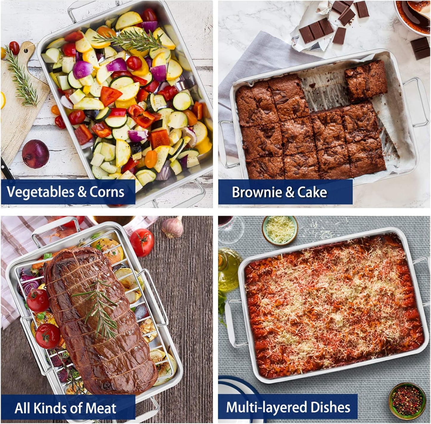 P&P CHEF 16" Roaster Roasting Pan with Baking Rack and V-shaped Rack, Stainless Steel Rectangular Lasagna Pan with Handles for Turkey Chicken, Healthy & Dishwasher Safe, 3 Pieces, Silver