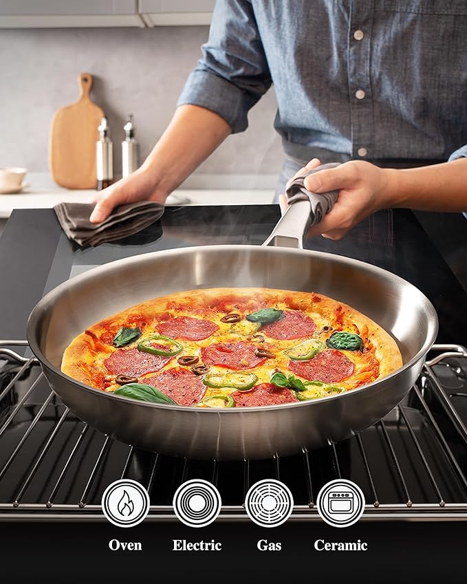12 inch Tri-Ply Stainless Steel Frying Pan with LID,PFOA&PTFE Free Skillets,Chef's Pans,Dishwasher and Oven Safe Cookware, Works on Induction,Ceramic and Gas Cooktops
