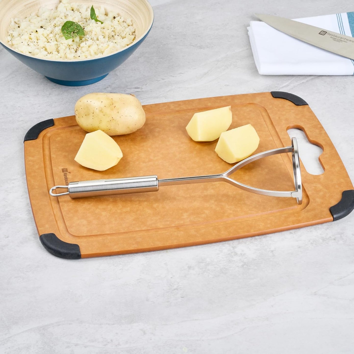 Restaurantware-German Standard Round-Faced Mashers With Ergonomic Handle, 24 Heavy-Duty Potato Mashers - Dishwashable, Durable, Stainless Steel Food Mashing Tool, For Avocado, Beans, Sweet Potatoes