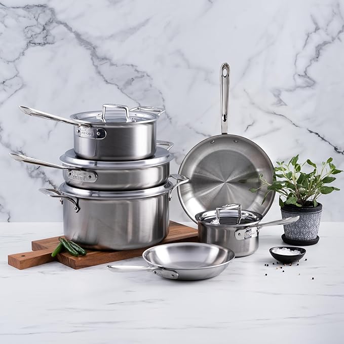 All-Clad D5 Brushed 5 Ply Stainless Steel Cookware Set 10 Piece w/ Frying Pans, Pots and Pans Set, Induction, Oven Broiler Safe 600F, Silver