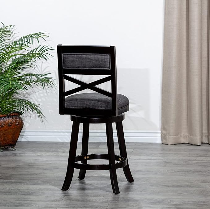 DTY Indoor Living Meeker X Back Fabric Swivel Stool, 30” Bar Height, Espresso Finish, Charcoal Fabric Seat