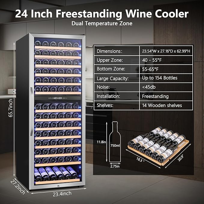 Wine Fridge Freestanding Dual Temperature Zone, Wine Cooler Refrigerator for 154 Bottles, 24 Inch Wide Large Wine Cooler with Professional Temperature Control System, Quiet Operation