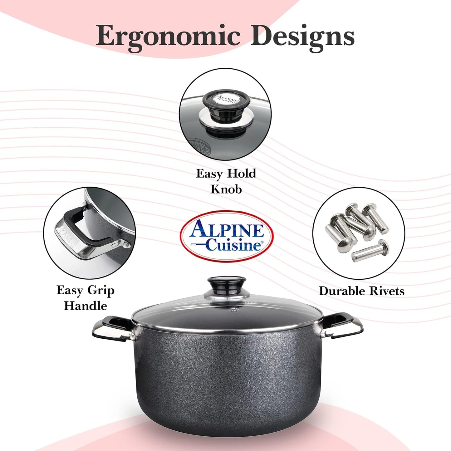 Alpine Cuisine 42 Quart Non-stick Stock Pot with Tempered Glass Lid and Carrying Handles, Multi-Purpose Cookware Aluminum Dutch Oven for Braising, Boiling, Stewing