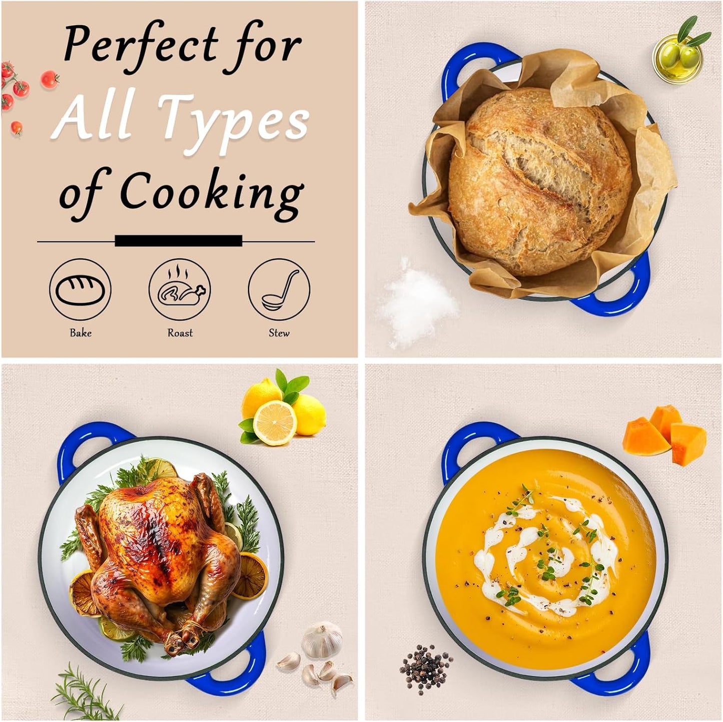 Romswi Enameled Cast Iron Dutch Oven Set - 3qt & 5.5qt Dual Combo - 7-Layer Professional Grade Dutch oven pot with lid - Oven Safe for Braising, Stews, Roasting, Bread Baking - Blue Bread Dutch Oven