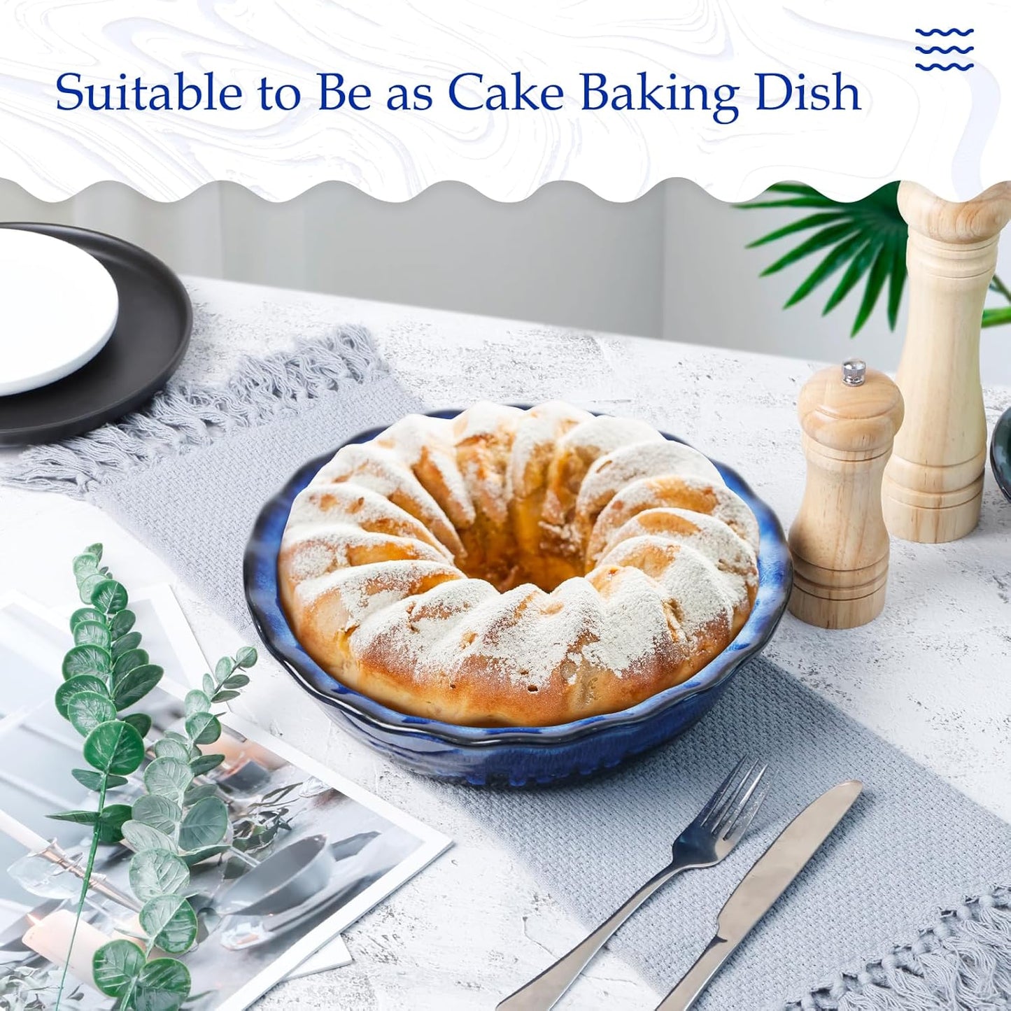 Ceramic Deep Baking Dish Oven Proof, 10in Large Pie Dish, Dishes, Blue Porcelain Lasagne Dish, Blue