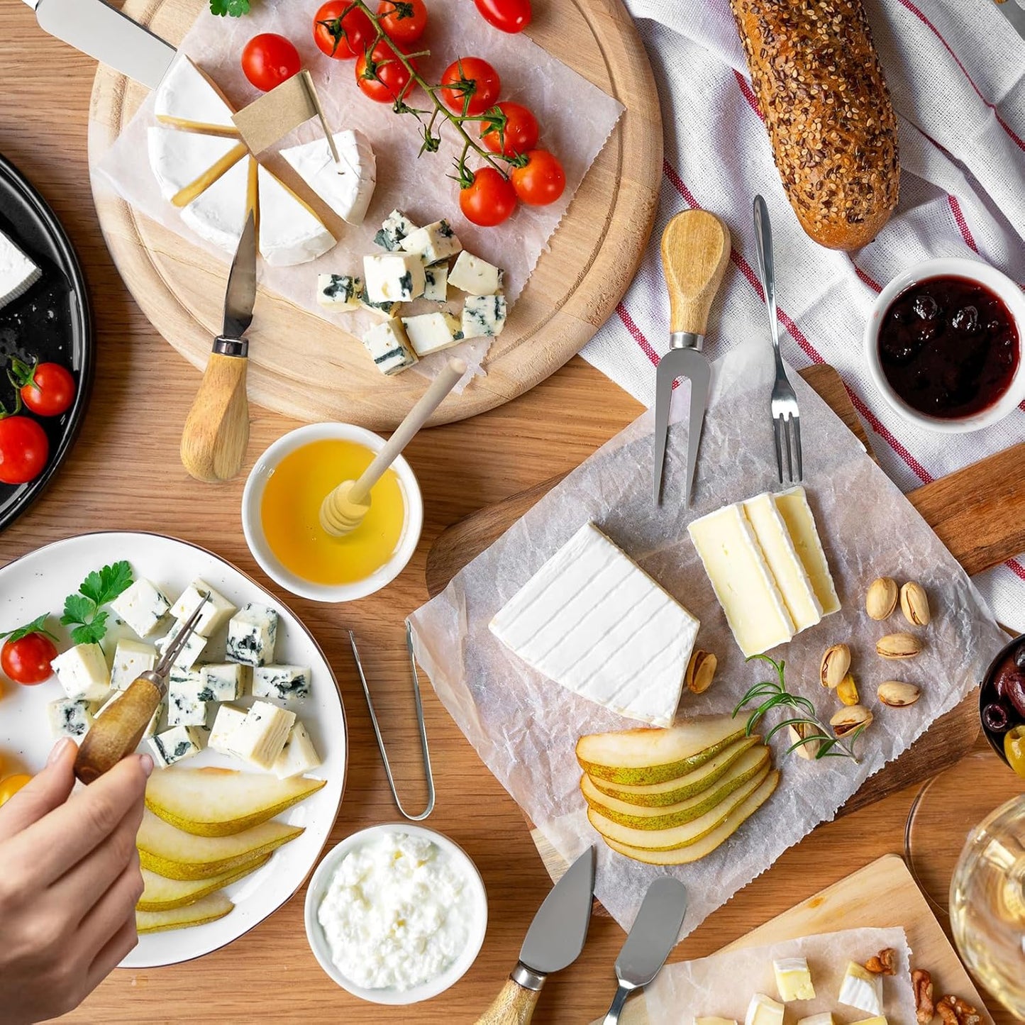 42 pcs Charcuterie Boards Accessories Cheese Knife Set with Wooden Handle, Charcuterie Utensils Gift with Butter Spreader, Forks, Spoons, Tongs, Honey Dipper and Tags for Party, Wedding