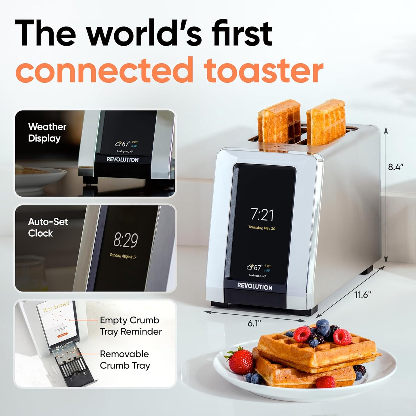 Revolution R180 Connect Smart Toaster, 2-Slice High-Speed Touchscreen Toaster with Patented InstaGLO Technology, Wi-Fi Connectivity, Weather Widget, and Over-the-Air Updates, Stainless Steel