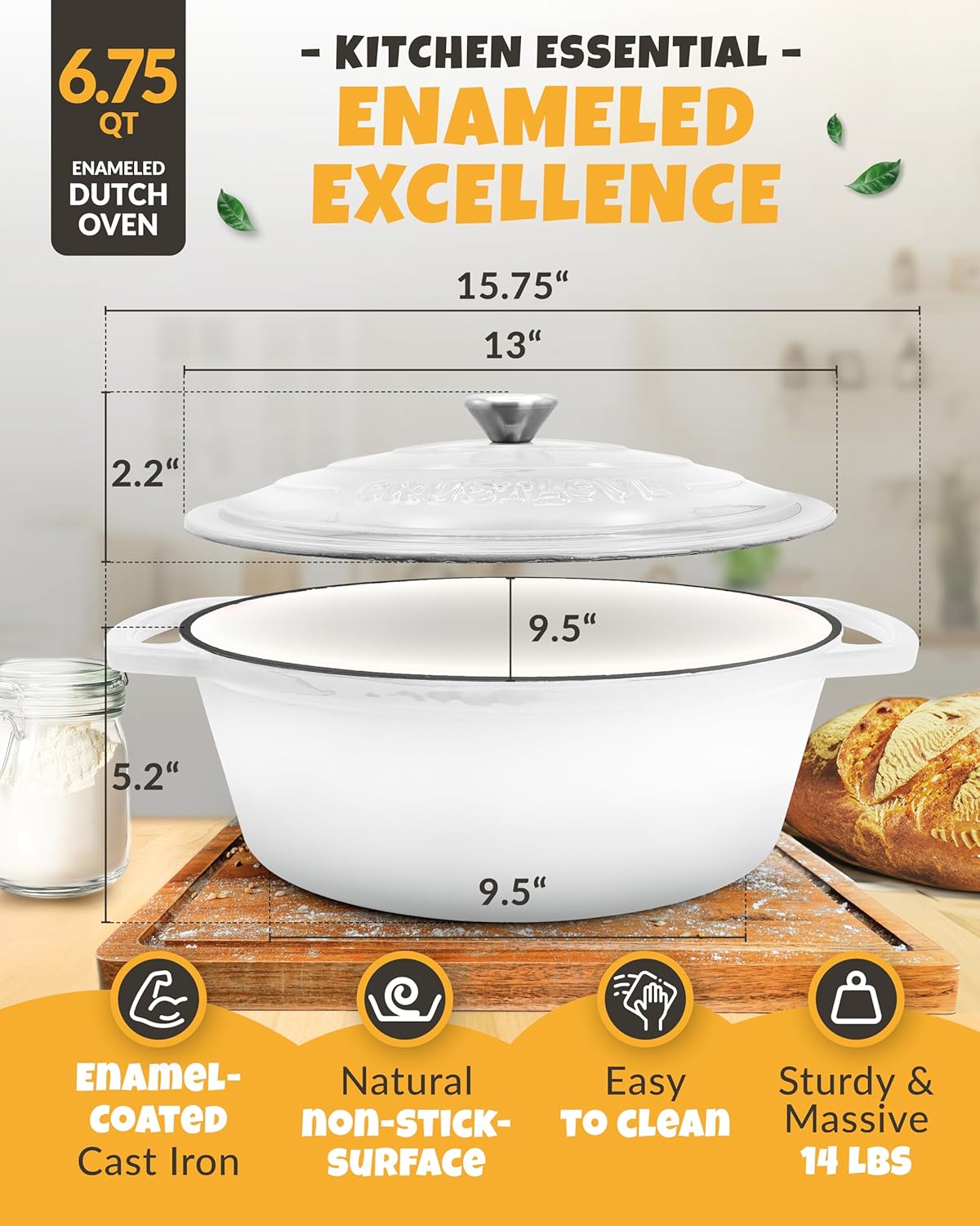 Dutch Oven for Bread Baking - incl. Sourdough Baking Supplies like Banneton Proofing Basket - 6.75QT Enameled Oval Cast Iron Bread Oven with Lid & Scoring Tool Lame