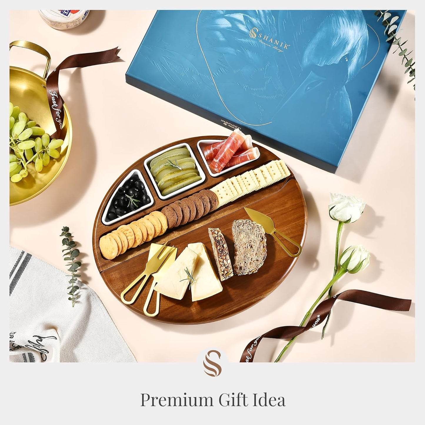 Shanik Premium Acacia Wood Cheese Board - Large Charcuterie Set with Cutting Wood for Serving - Ideal for Christmas, Wedding, Parties - Gift for Housewarming, Birthdays, Anniversaries - With Engraving