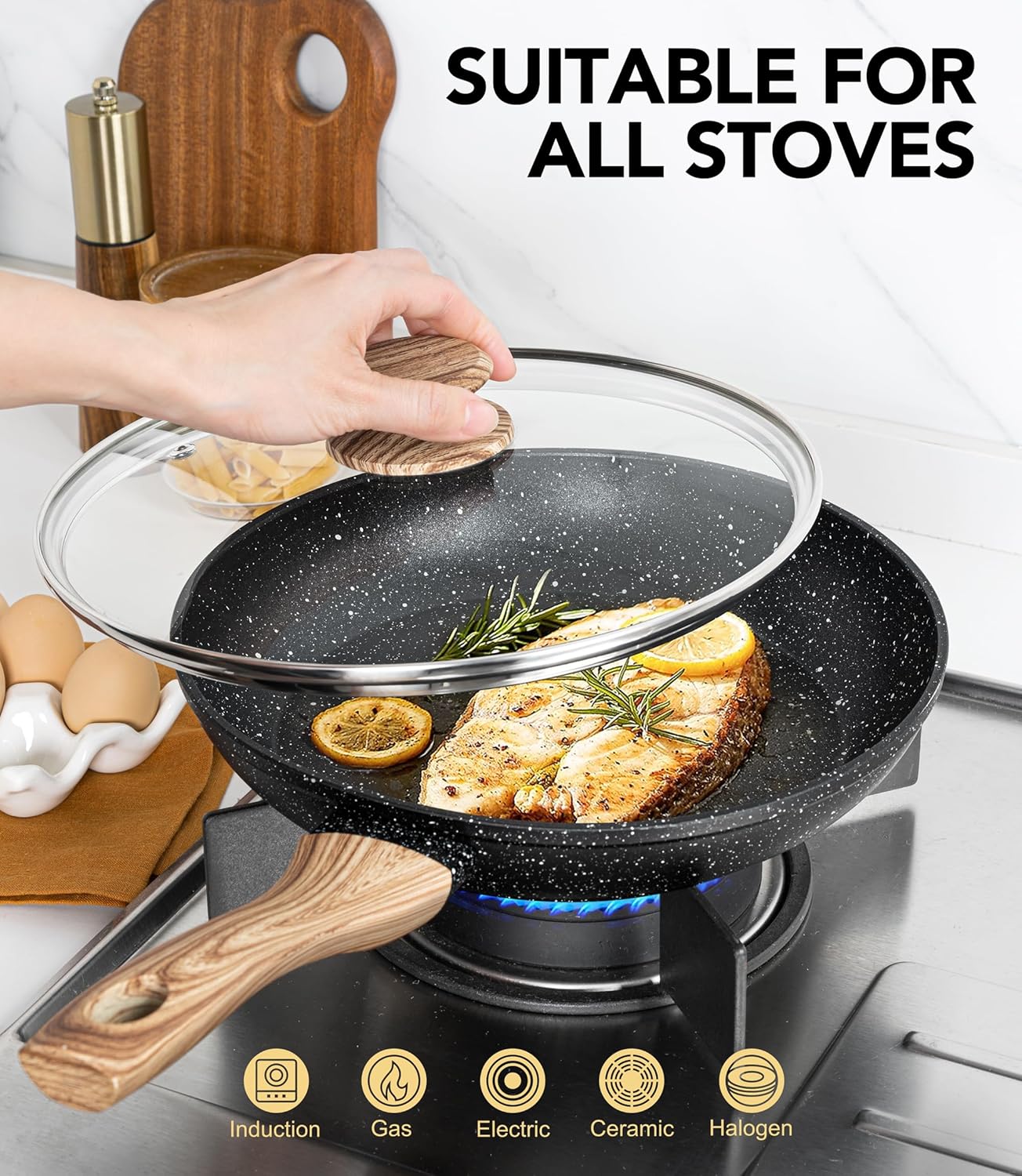 MICHELANGELO 8 Inch Nonstick Frying Pan with Lid, Non Stick Small Frying Pan with Non-Toxic Coating, Non-Stick Skillet with Ergonomic Handle, All Cooktops Compatible, Black