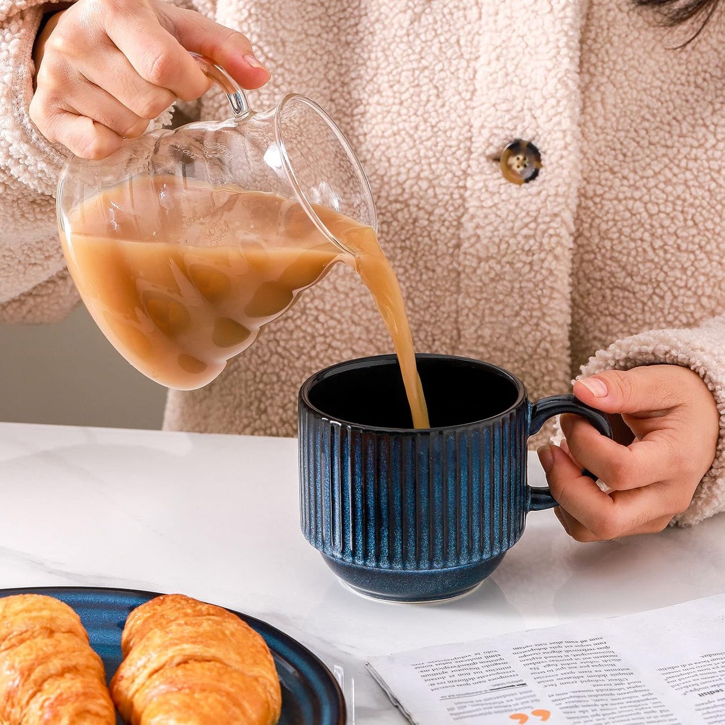 Hasense Coffee Mug Set of 4 with Holder - 15 oz Stackable Large Ceramic Ribbed Latte Cup Set for Cappuccino, Tea, Hot Cocoa, Drinks - Dishwasher & Microwave Safe Multi color