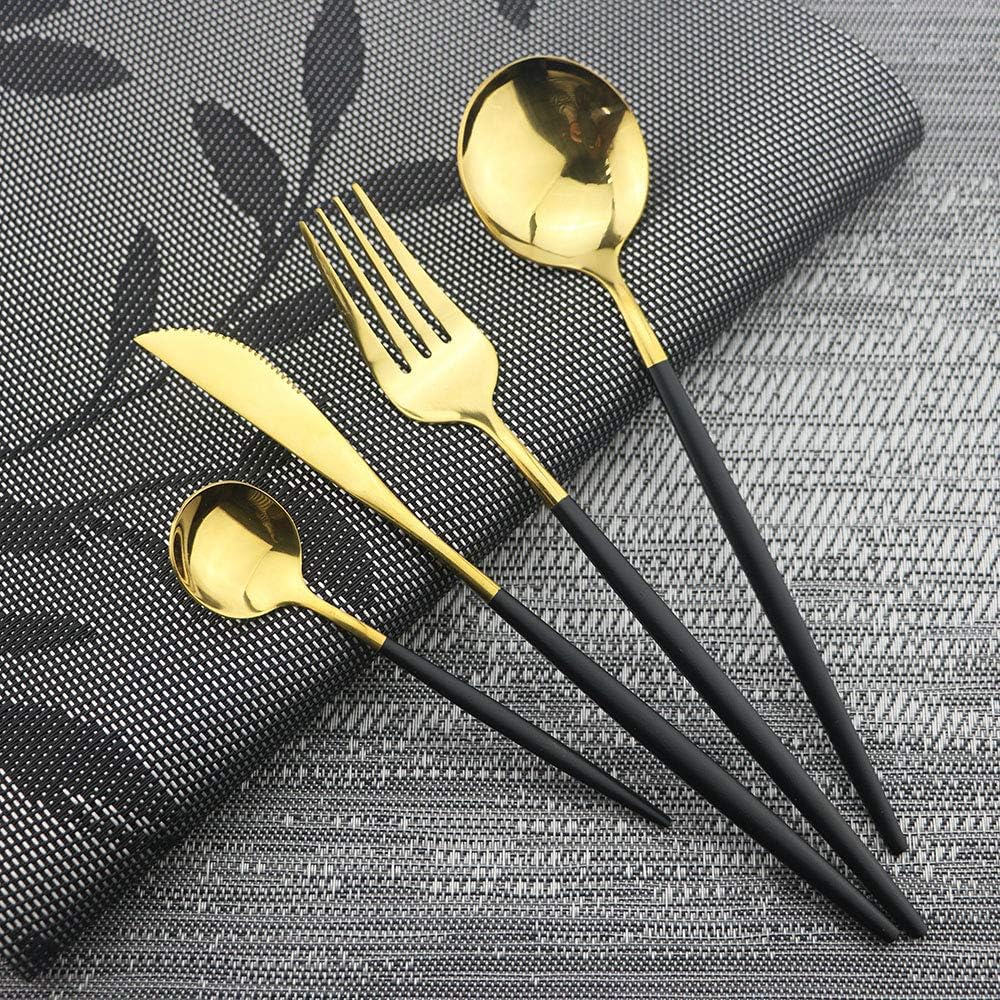 JASHII Black GoldSilverware Set, 20-Piece Stainless Steel Flatware With Satin Finish, Kitchen Utensils, Mirror Polished Tableware Cutlery for Home and Restaurant, Dishwasher Safe