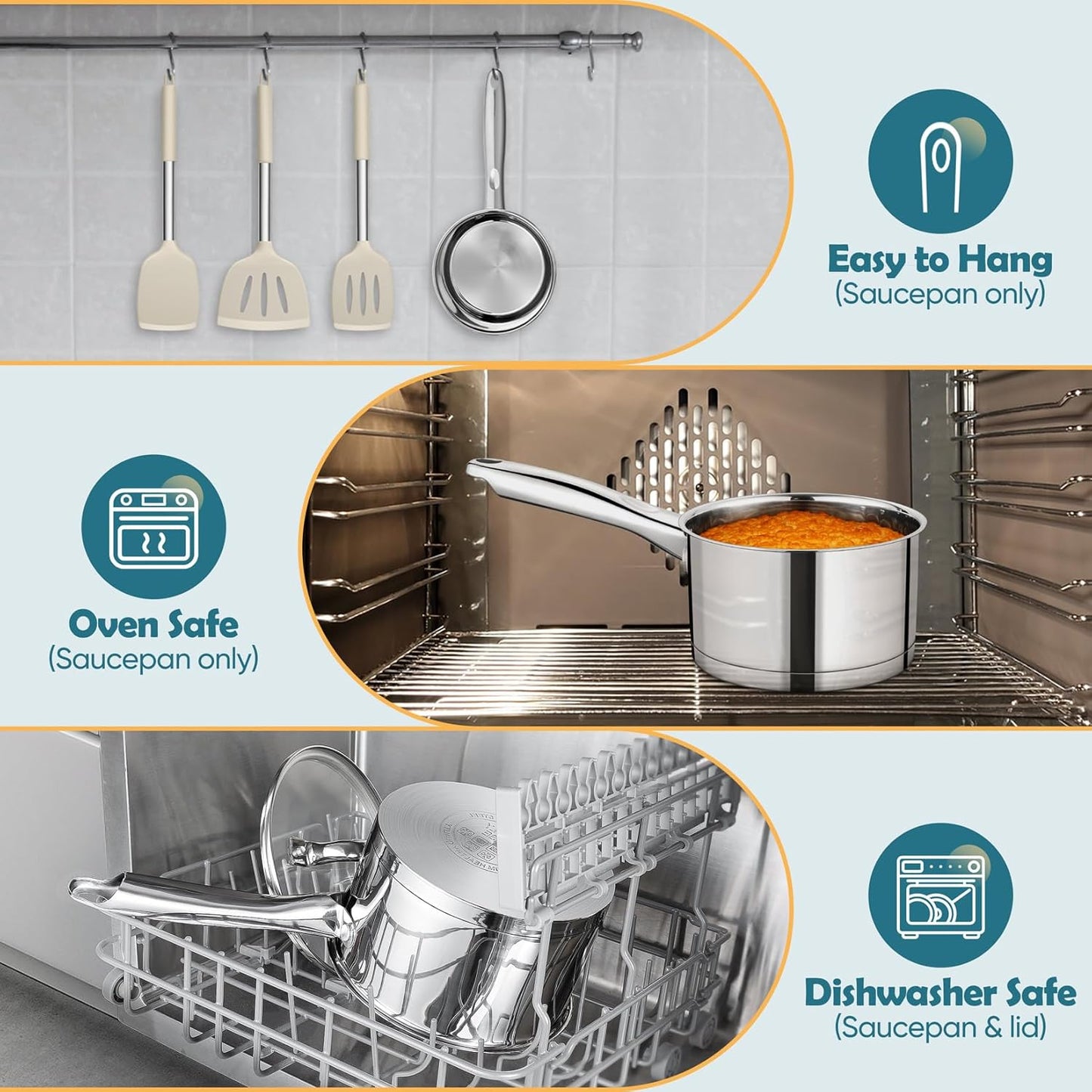 P&P CHEF 1 Quart Saucepan with Lid Set, Stainless Steel Small Cooking Pot Induction Sauce Pan for Pasta Soup, Ergonomic Handle & Tri-ply Base, Dishwasher Safe, 1 Pan