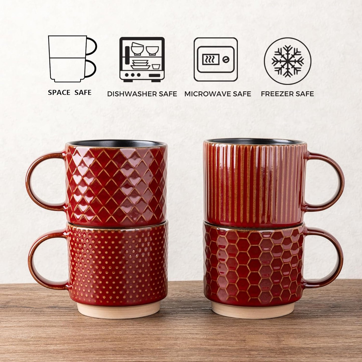 GBHOME 12 OZ Stackable Coffee Mugs, Ceramic Coffee Cups with Texture Patterns for Man,Woman,Dad,Mom, Modern Coffee Mugs Set of 4 for Latte/Cappuccino/Cocoa. Dishwasher&Microwave Safe, Red