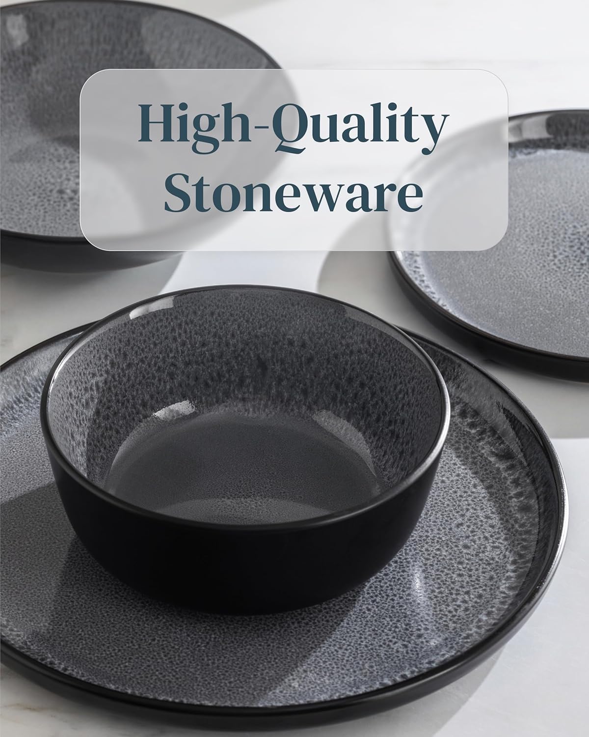 Stoneware dinnerware set 4 persons 12 pcs - Dishwasher, microwave and scratch resistant - Bowl and plate set 4 persons modern - Dinner service Pure Living black in gray…