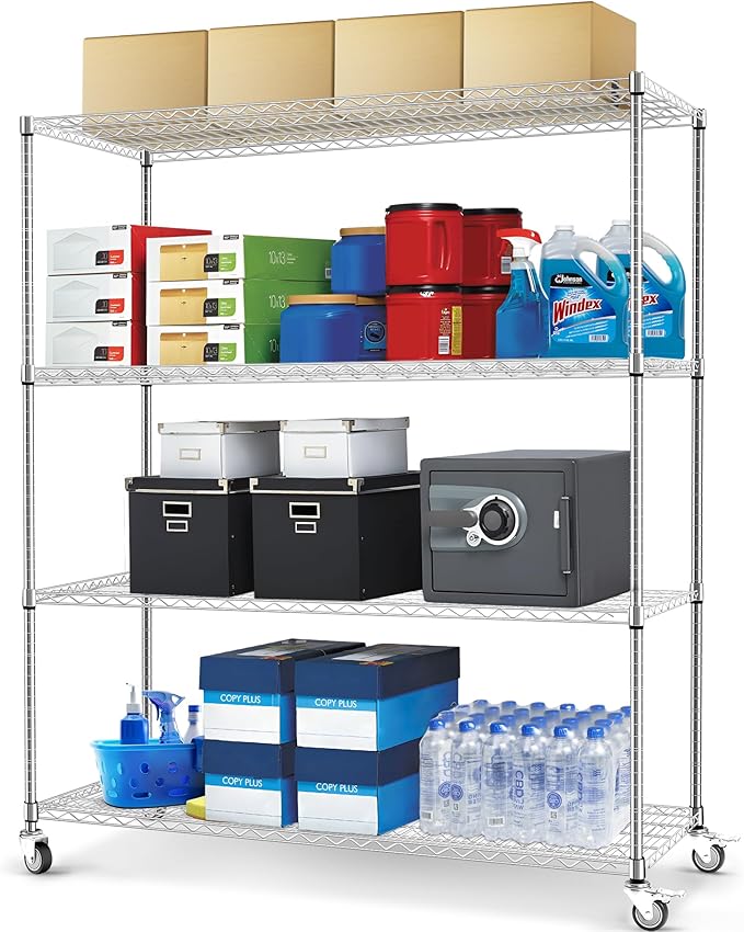 4-Tier Metal Wire Shelving Unit with Wheels, 60" x 24" x 72" Heavy-Duty Storage Rack for Garage, Kitchen, Pantry, or Restaurant, 2400 lbs Capacity, Chrome Finish