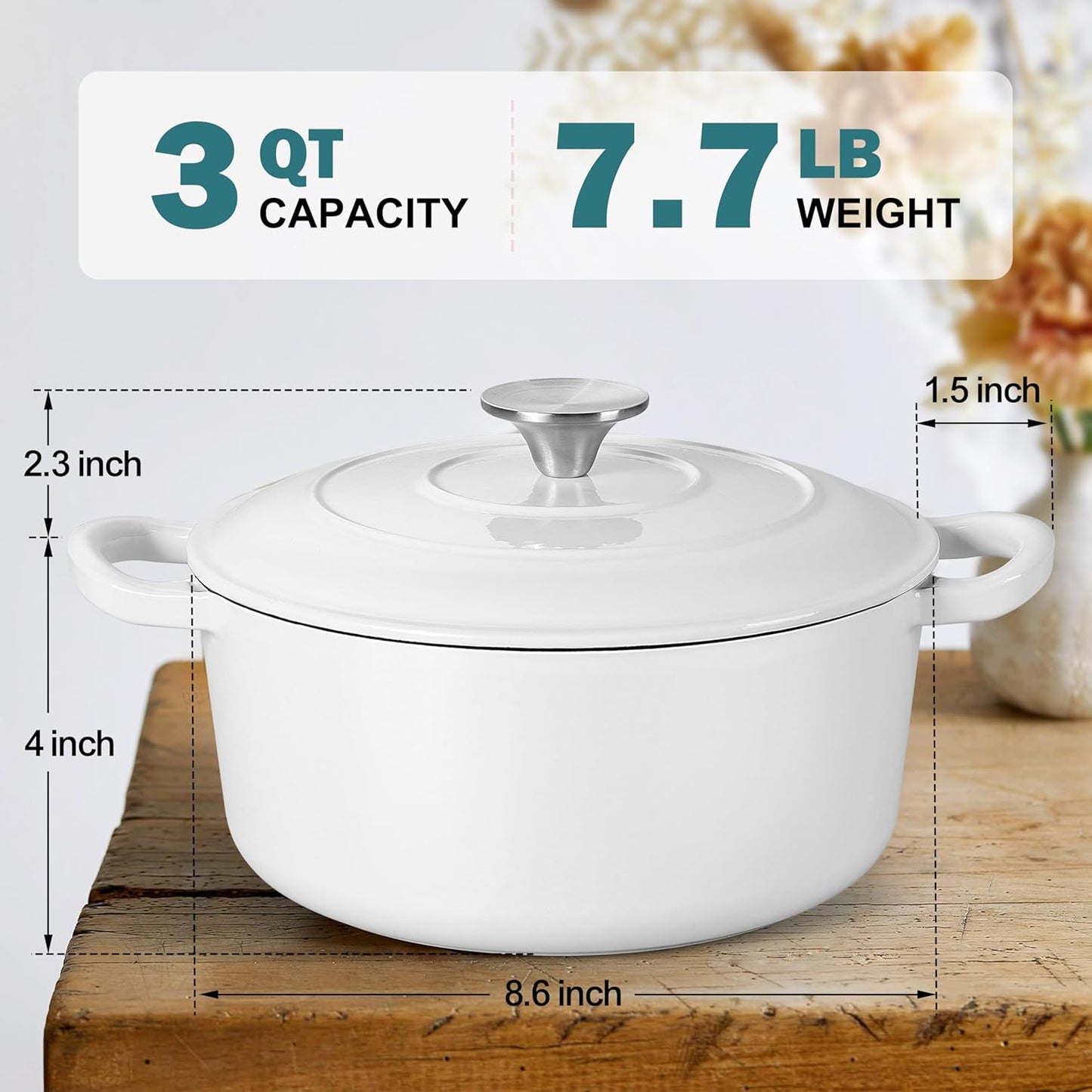 Small 3 Quart Dutch Oven, HaSteeL Round Cast Iron Cooking Pot with Lid, Nonstick Enameled Cookware for Sourdough Bread Baking Roasting Stewing Braising Frying, Heavy Duty & Oven Safe 500℉, White