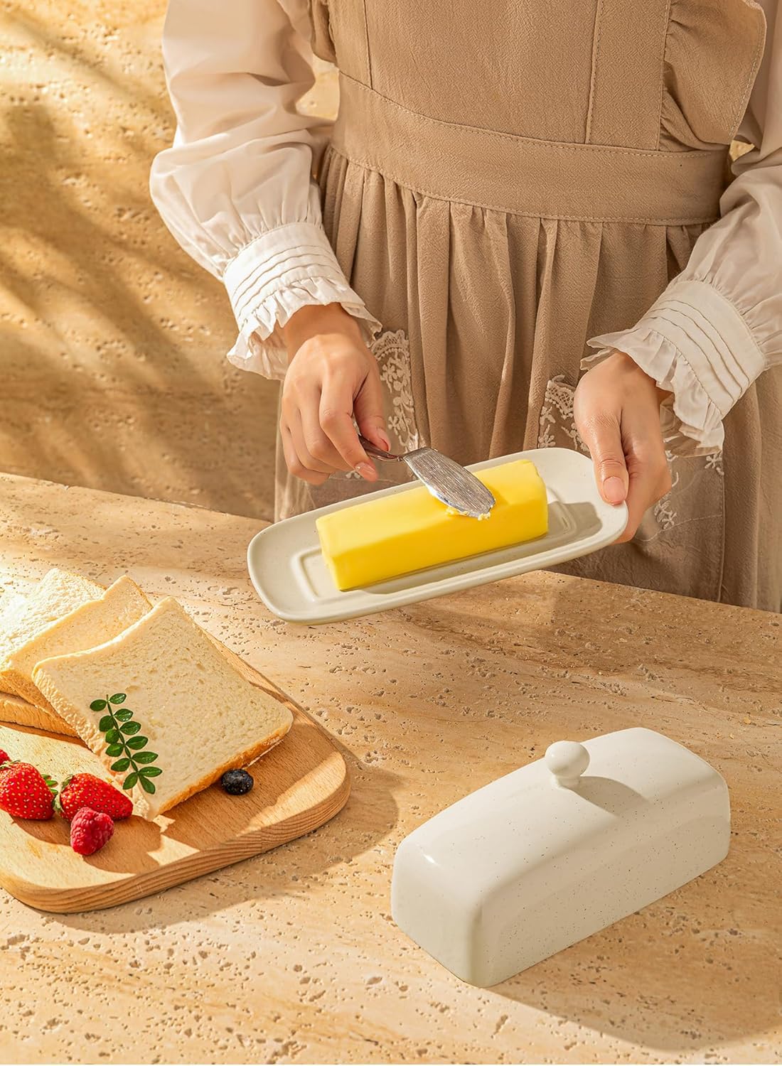 Sweese Butter Dish with Lid, Porcelain Butter Keeper, 7.8 Inch Butter Holder with Handle Cover, Butter Container Perfect for East West Coast Butter, Light Gray