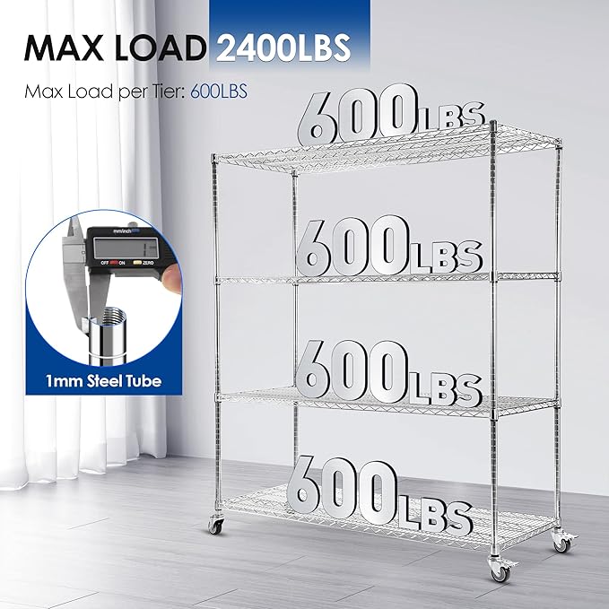 4-Tier Metal Wire Shelving Unit with Wheels, 60" x 24" x 72" Heavy-Duty Storage Rack for Garage, Kitchen, Pantry, or Restaurant, 2400 lbs Capacity, Chrome Finish