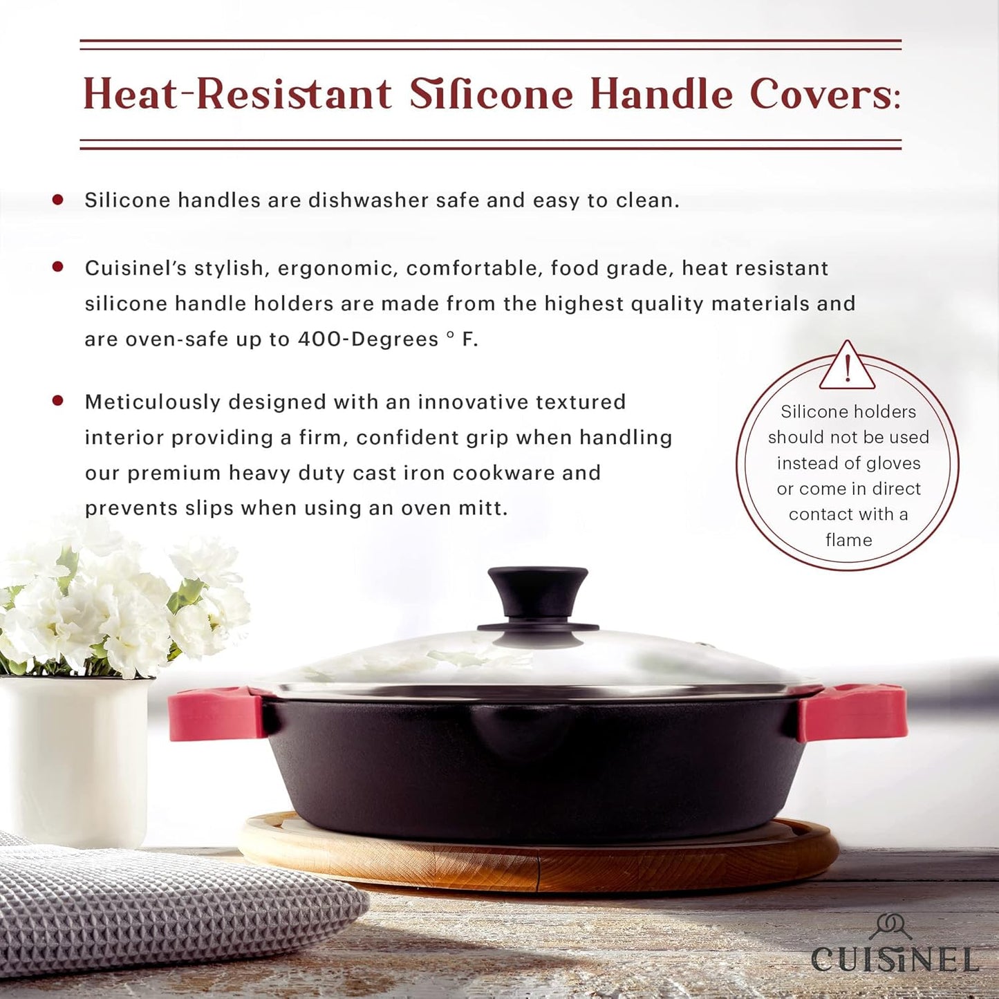 Cast Iron Skillet Set - 8"+10"+12"-Inch Dual Handle Frying Pans + Glass Lids + Silicone Handle Holder Covers - Pre-seasoned Oven Safe Cookware - Indoor/Outdoor Use - Grill, Stovetop, Induction Safe