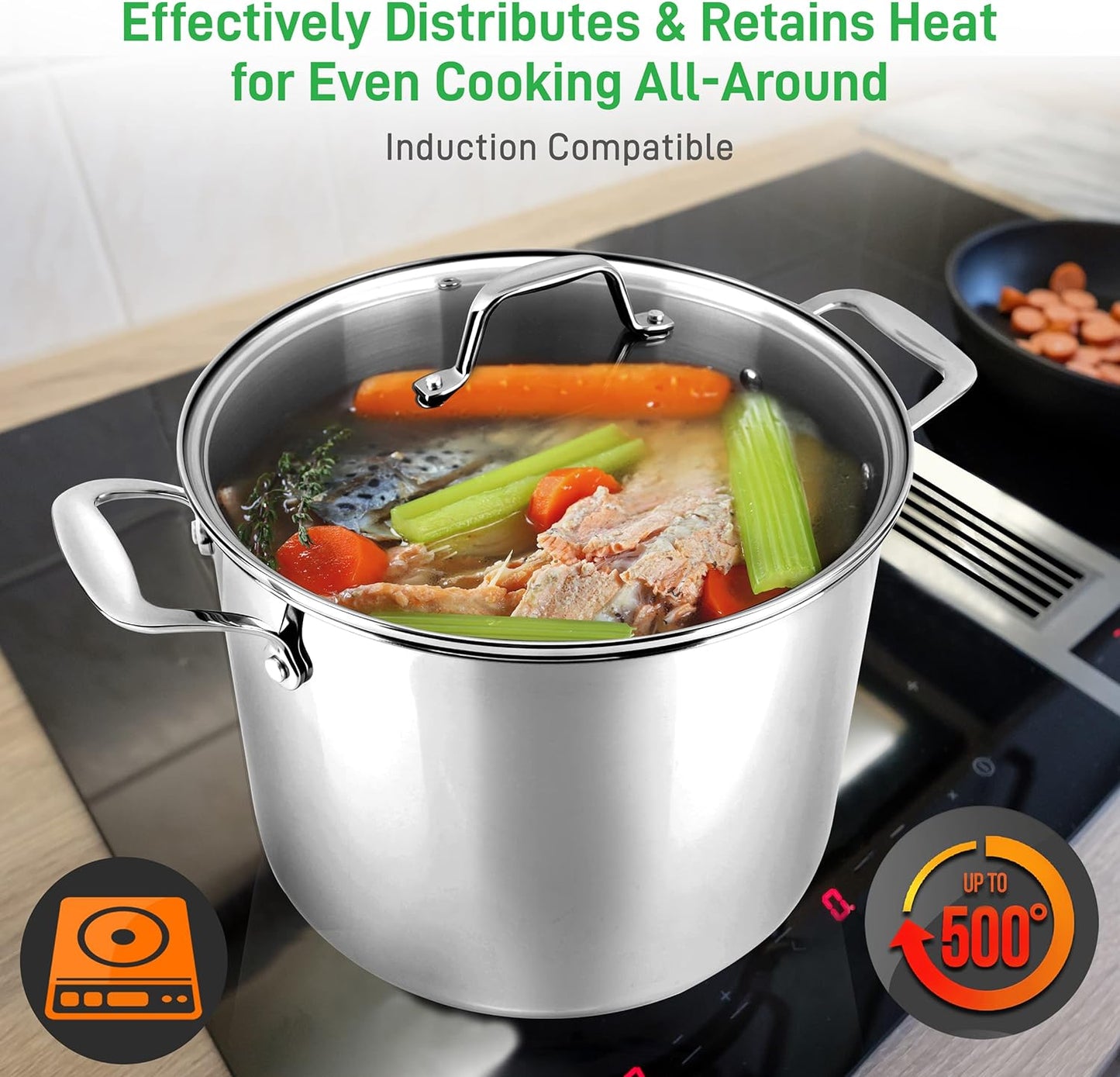 NutriChef 12-Quart Stainless Steel Stock Pot - 18/8 Food Grade Stainless Steel Heavy Duty Induction - Large Stockpot for Stews, Simmering & Soups with See Through Lid, Dishwasher Safe - NCSP12