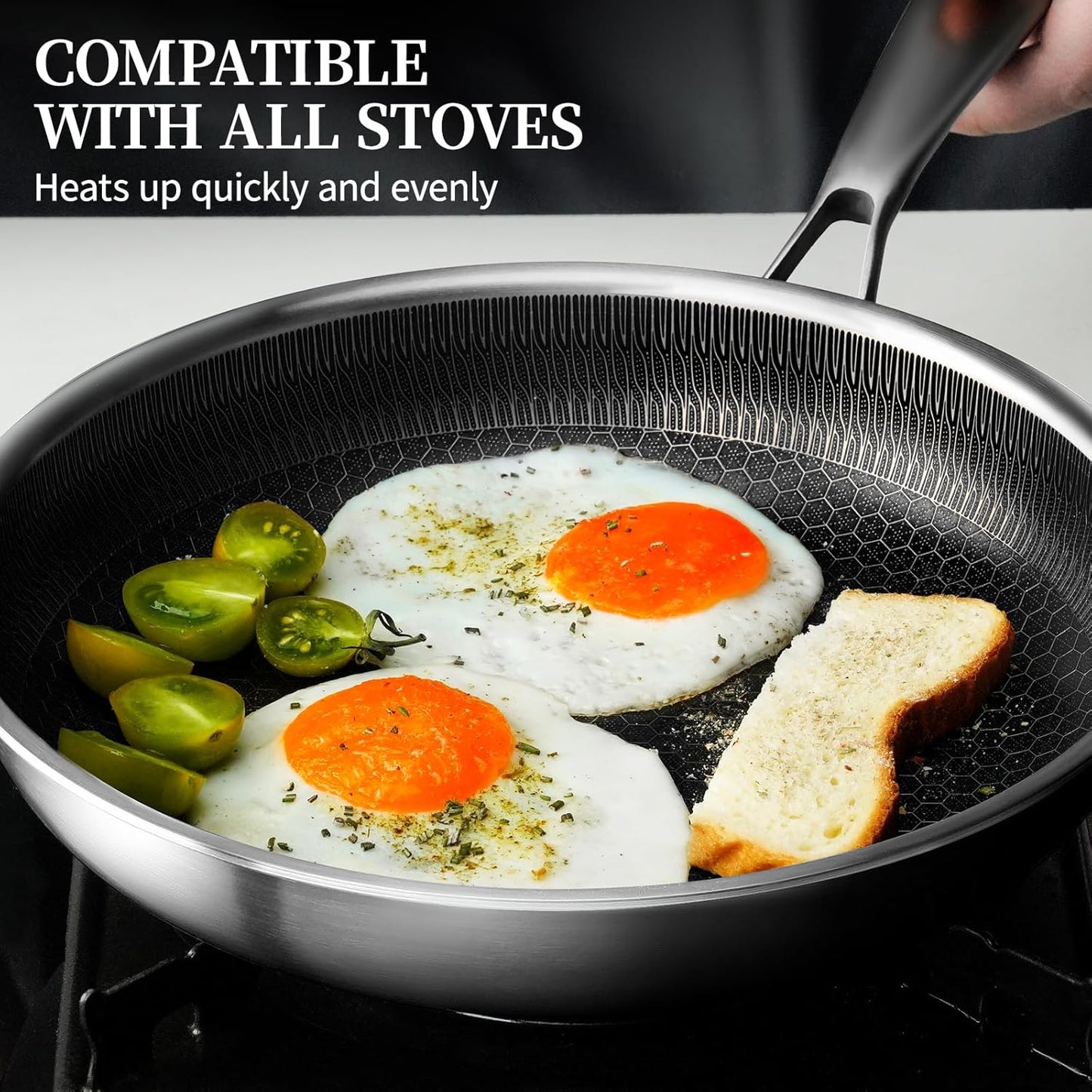 Stainless Steel Frying Pan with Lid - 9.5 Inch Nonstick Frying Pan with Lid, Honeycomb Stainless Steel Skillet Omelet Chef's Pan with Stay Cool Handle, Induction Compatible, PFOA Free