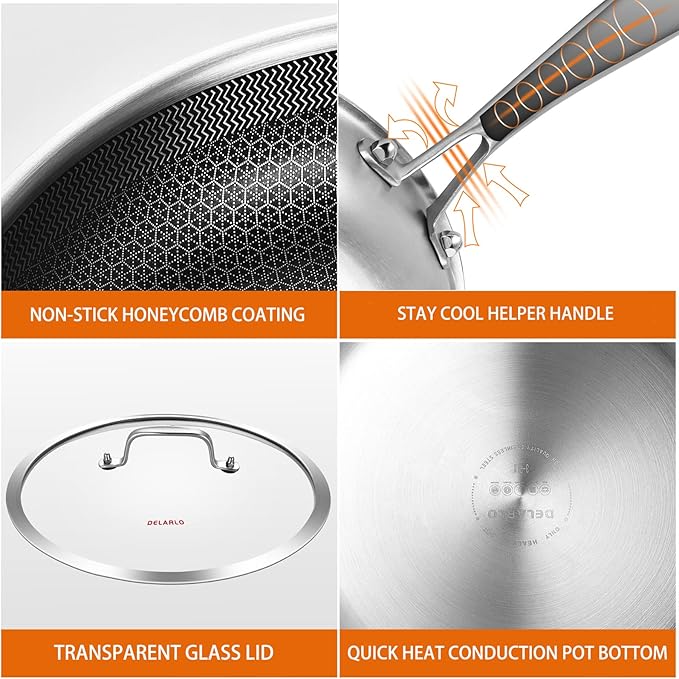 DELARLO Whole body Tri-Ply Stainless Steel Hybrid 12 inch Frying Pan With Lid Nonstick, Oven safe induction skillet,Suitable for All Stove (Detachable Handle)