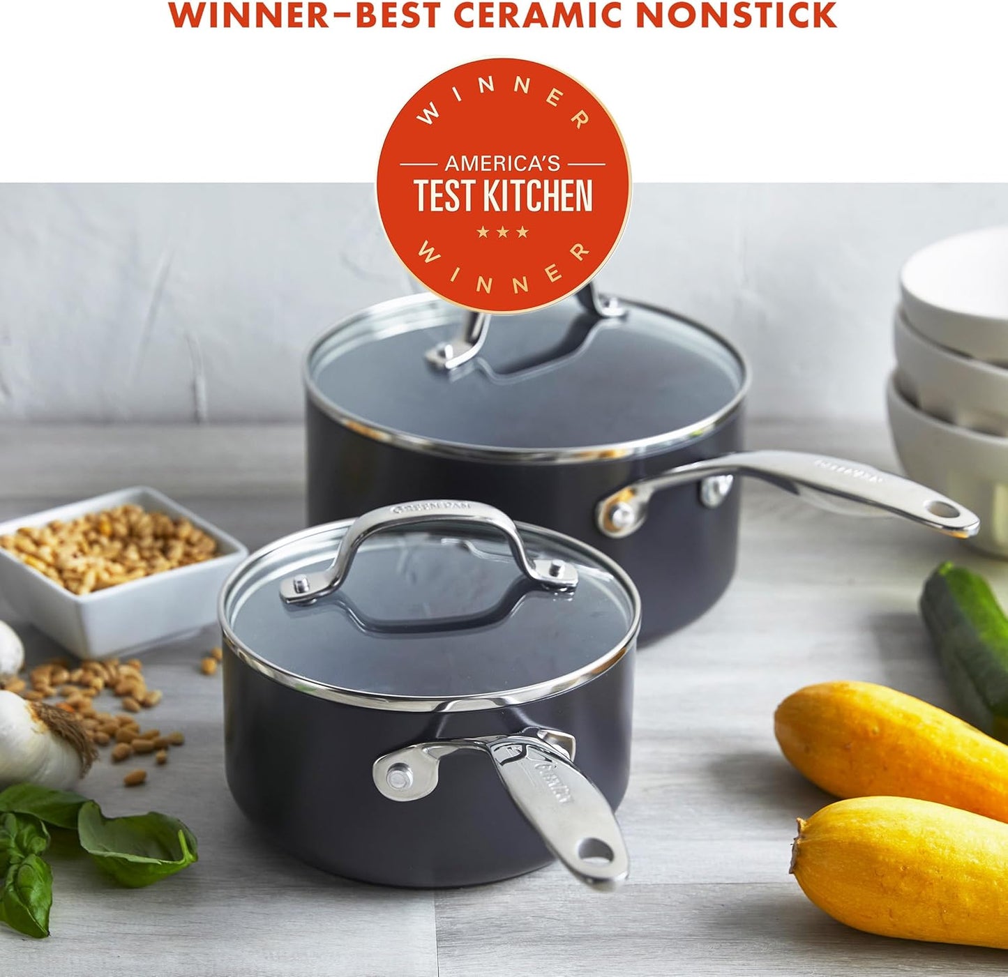 GreenPan Valencia Pro Hard Anodized Healthy Ceramic Nonstick 1.66QT and 3.3QT Saucepan Pot Set with Lids, PFAS-Free, Induction, Dishwasher and Oven Safe, Gray