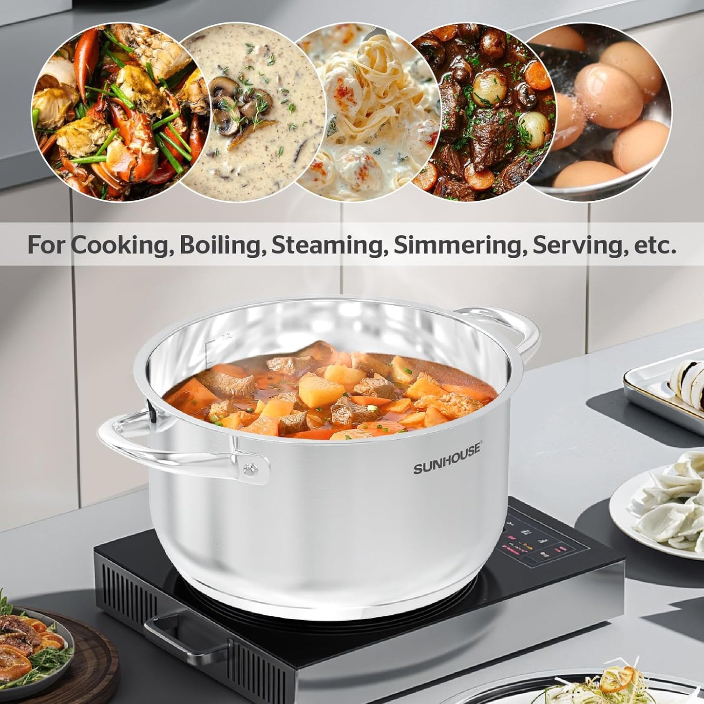 SUNHOUSE 8 Quart Stock Pot with Lid - 3-Ply Bottom Stainless Steel Pasta Cooking Canning Dutch Oven Pot - Induction Compatible for All Stovetops - Dishwasher Safe & Oven Safe