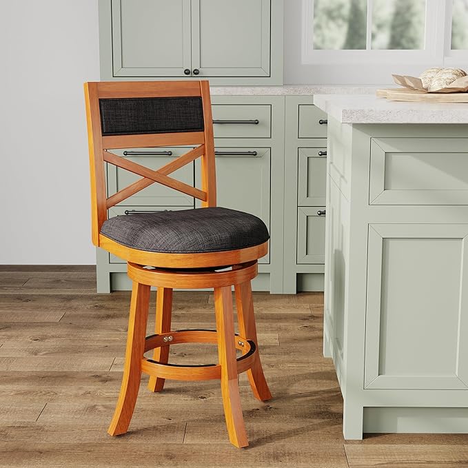 DTY Indoor Living Meeker 24 Inch Counter Height Bar Stools with Backs - Wooden Swivel Counter Stools for Kitchen Island - Charcoal Fabric Seat, Solid Wood Frame, Natural Finish