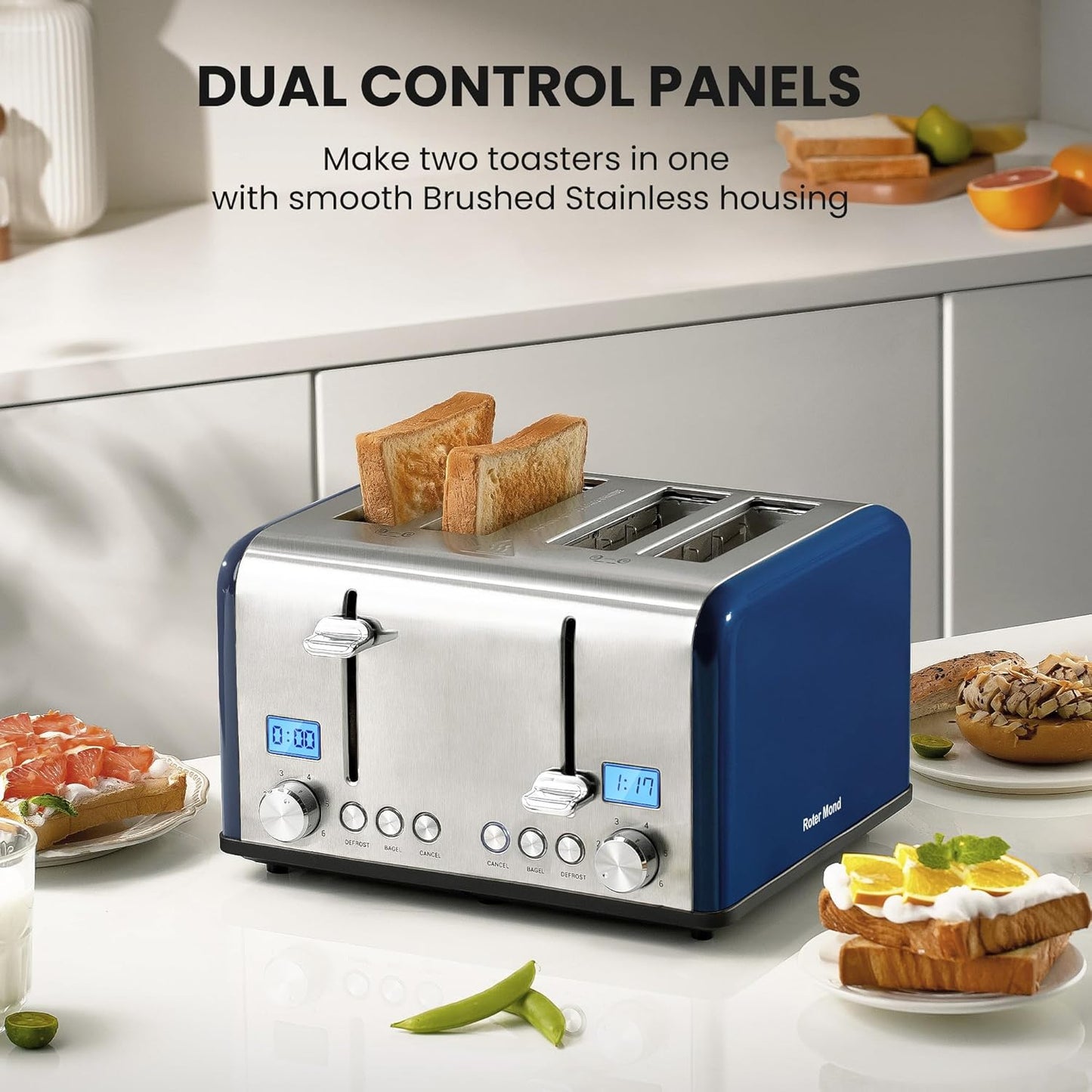 Countdown Stainless Steel 4 Slice Toaster with Bagel, Defrost, Cancel Function, Dual Toaster, Extra Wide Slots, 6 Shade Settings, Removable Crumb Trays, 1650W, Blue