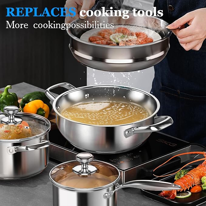 Pots and Pans Set,12-Piece Stainless Steel Cookware Set, Induction Ready Kitchen Cooking Set, Includes Saucepans, Stockpot, Steamer & Strainer Basket, Glass Lids, Dishwasher & Oven Safe