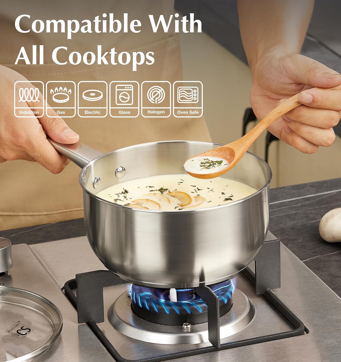 KOCH SYSTEME CS Stainless Steel Saucepan, 2 Quart Stainless Steel Sauce Pan with Lid, 2 Quart Saucepan with Lid, Premium Steel Pot, Induction Sauce Pan,Small Sauce Pot, Oven Safe